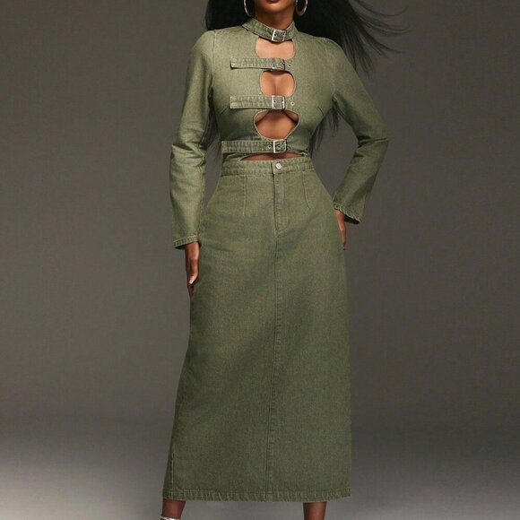 Dresses & Skirts - Green Casual Women's Long Sleeve Fitted Maxi Cargo Dress with Buckle Zipper